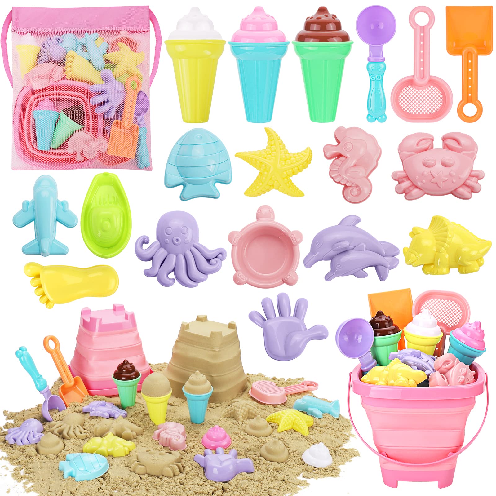 REZUCREY Beach Toys collapsible bucket for easy travel and quick sand cleanup.