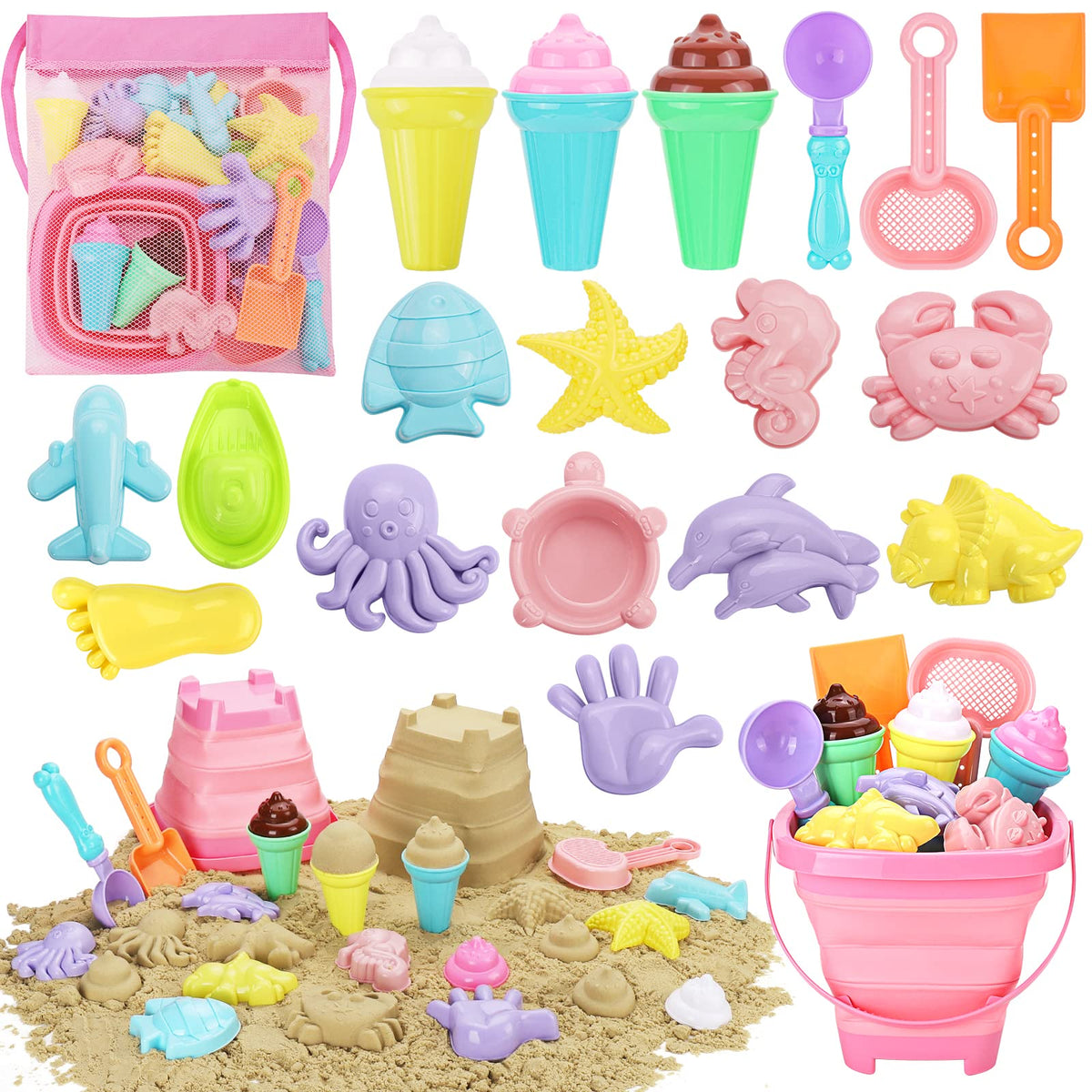 REZUCREY Beach Toys collapsible bucket for easy travel and quick sand cleanup.