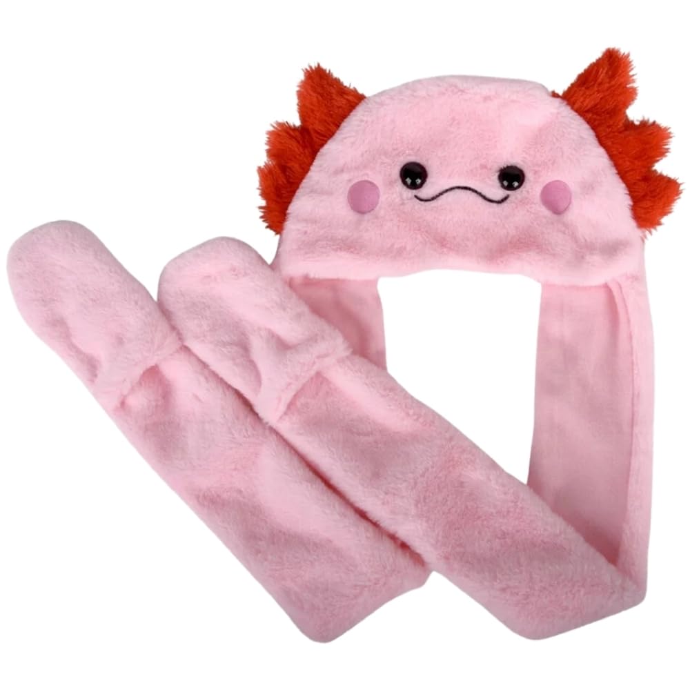 Rhode Island Novelty Axolotl Plush Hoodie Scarf Hat pink offers cozy, compact warmth for travel