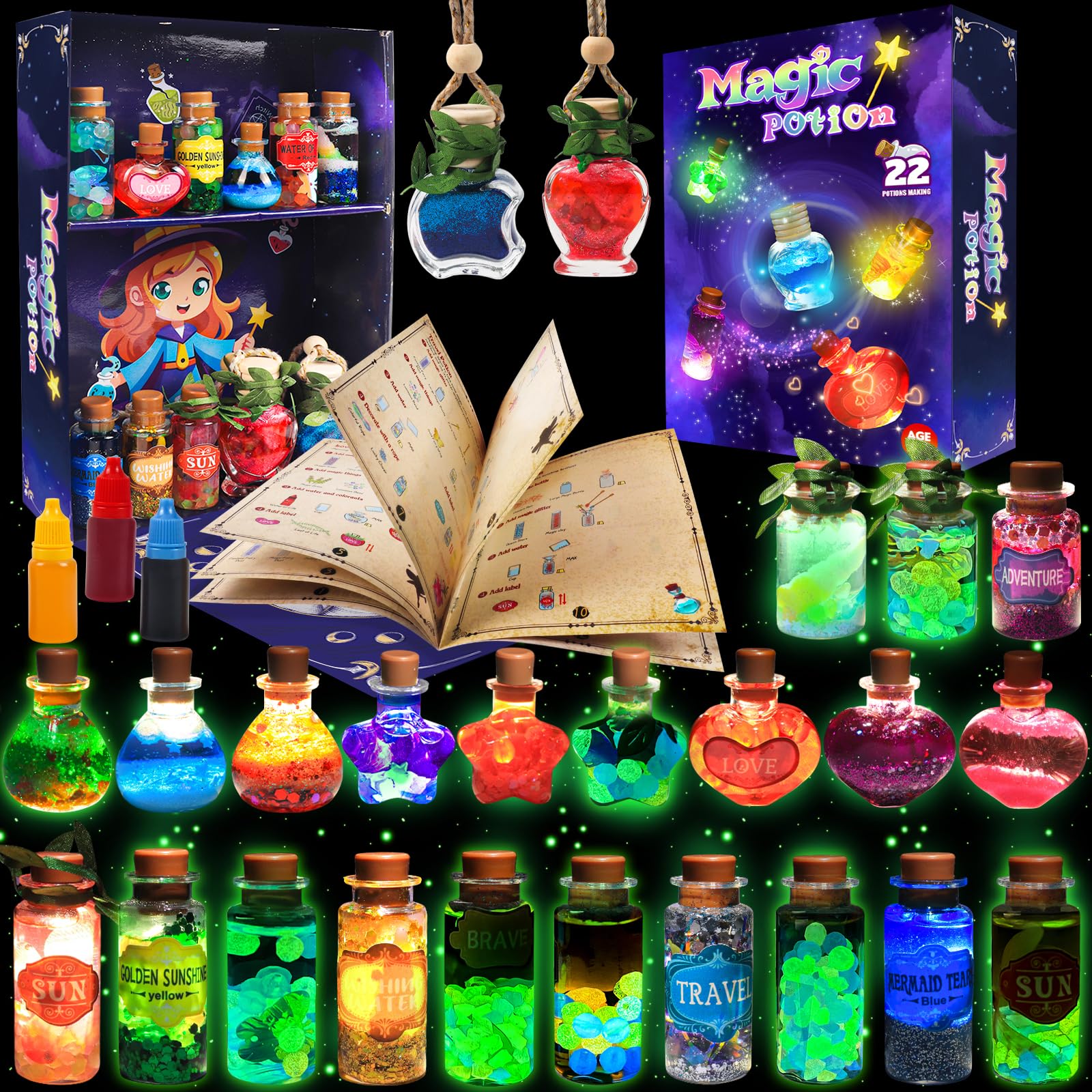 Rhybor Magic Potion Kit display box shows glowing bottles for imaginative play.