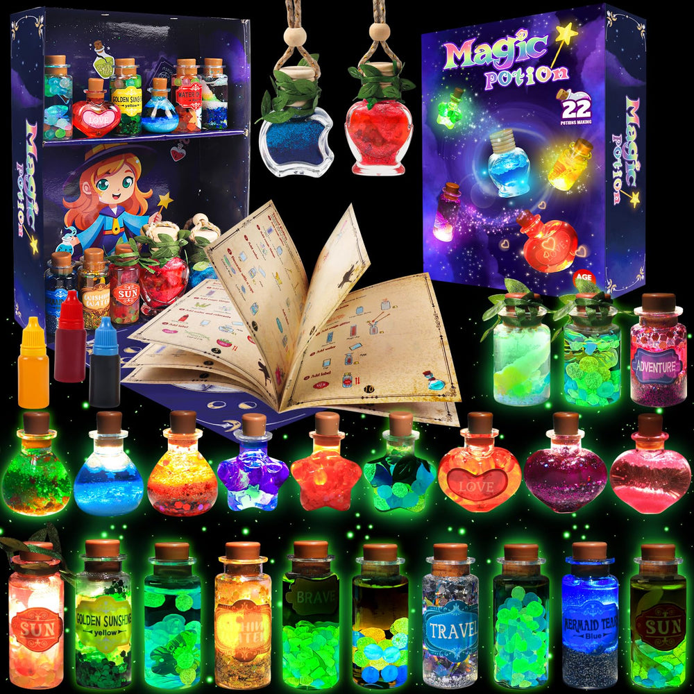 Rhybor Magic Potion Kit display box shows glowing bottles for imaginative play.