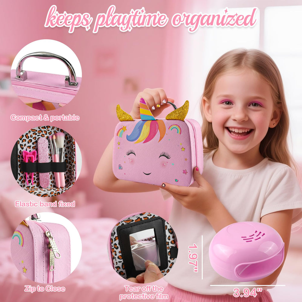 Rhybor unicornous cosmetic case with mirror for on-the-go styling sessions.