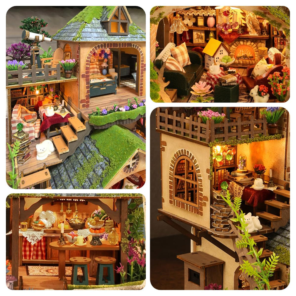 RHZN miniature house living room close-up highlights craftwork and warm lighting.