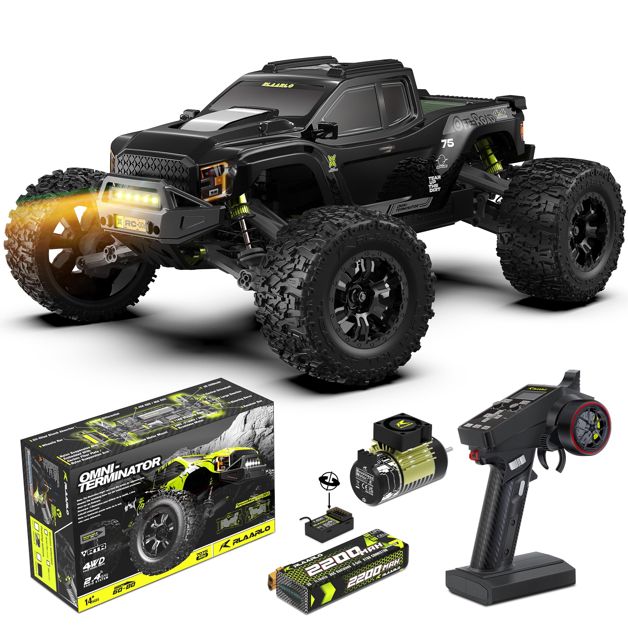 RIAARIO 1/10 brushless RC monster truck with carbon fiber chassis for durability and rigidity
