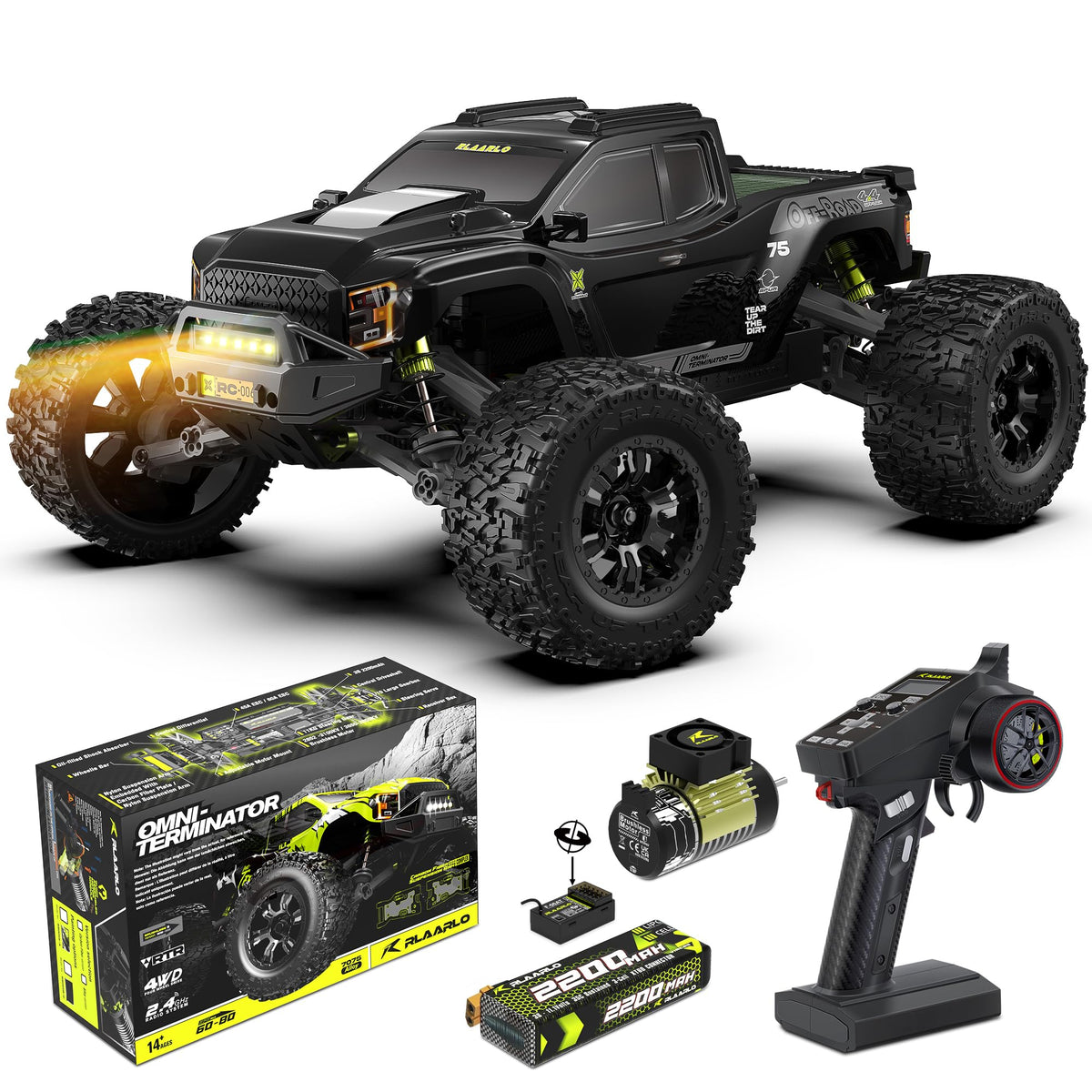 RIAARIO 1/10 brushless RC monster truck with carbon fiber chassis for durability and rigidity