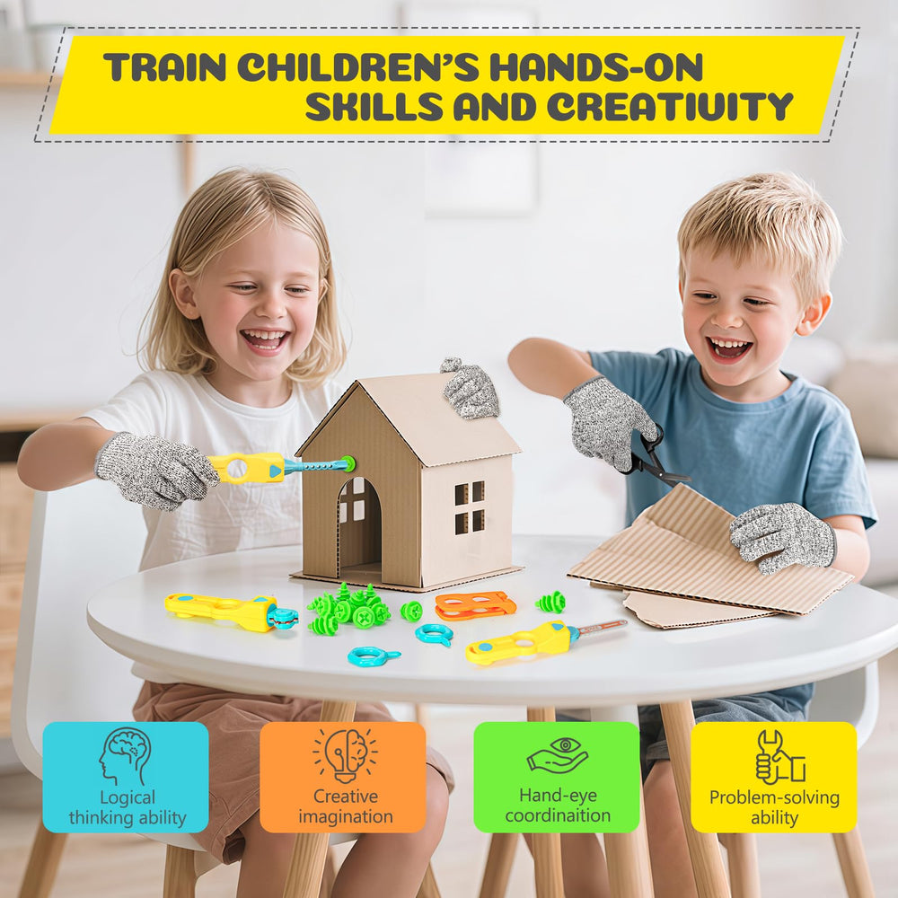 Kids create creative builds with the RIANEAN cardboard cutter kit.