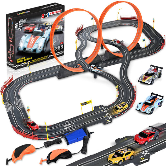 RIANEAN slot car track 2in1 dual race enables versatile layouts for home racing fun and family play.