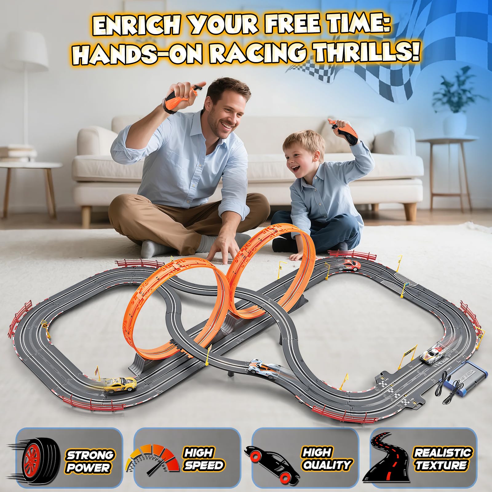 RIANEAN slot car track magnetic guardrails keep cars secure on curves.