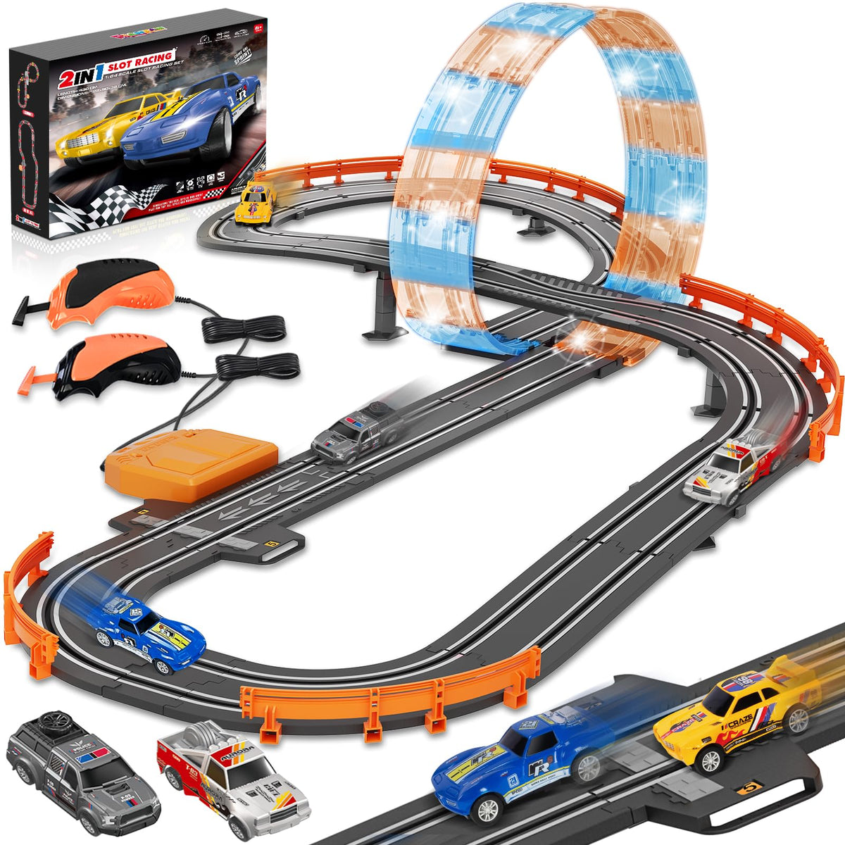 RIANEAN slot car track with overpass and dual lanes for dynamic racing