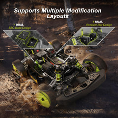 RIAARIO aluminum chassis with CNC shock towers for rigid, precise handling.