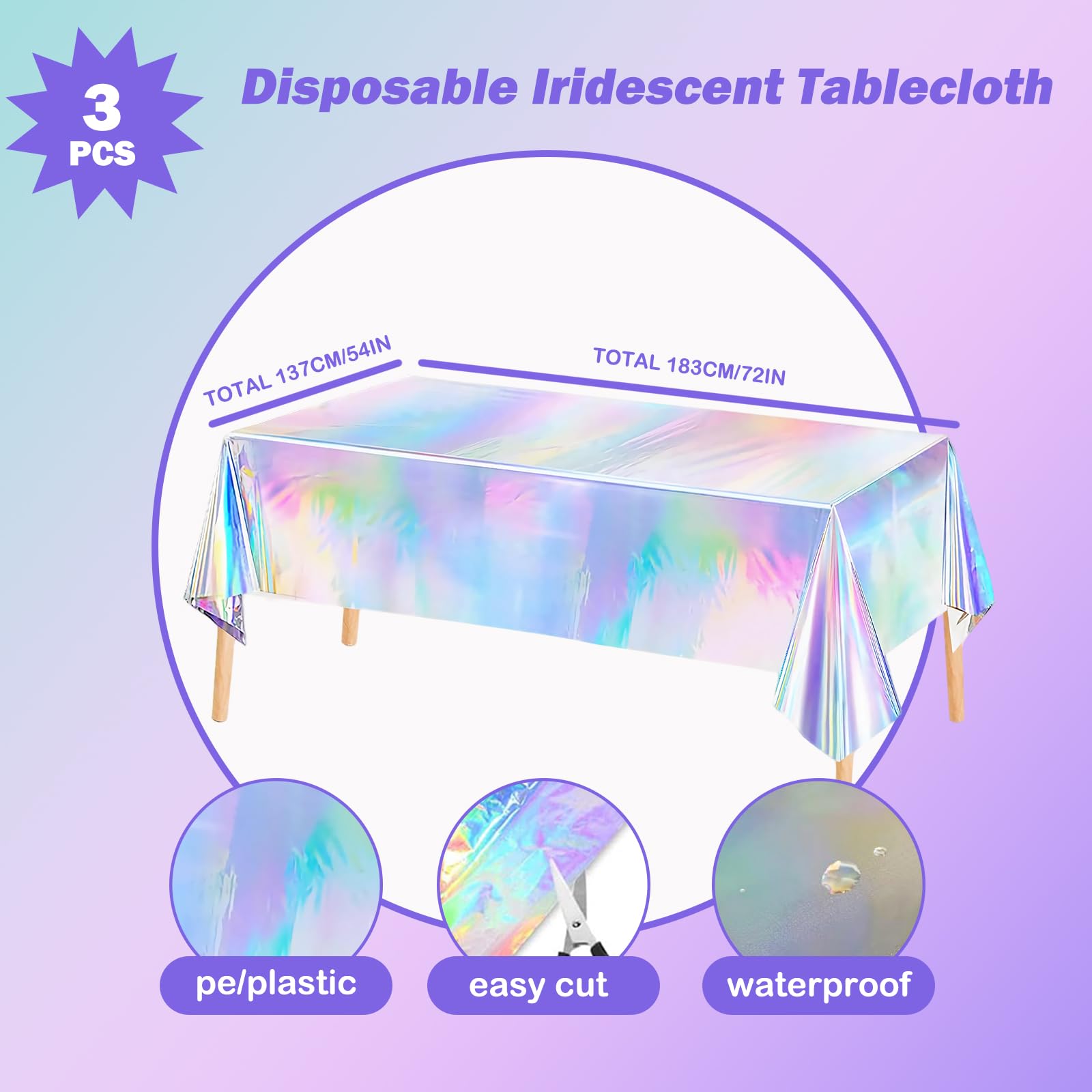 Ricawa disposable iridescent tablecloth wide shot protecting surfaces with shimmer