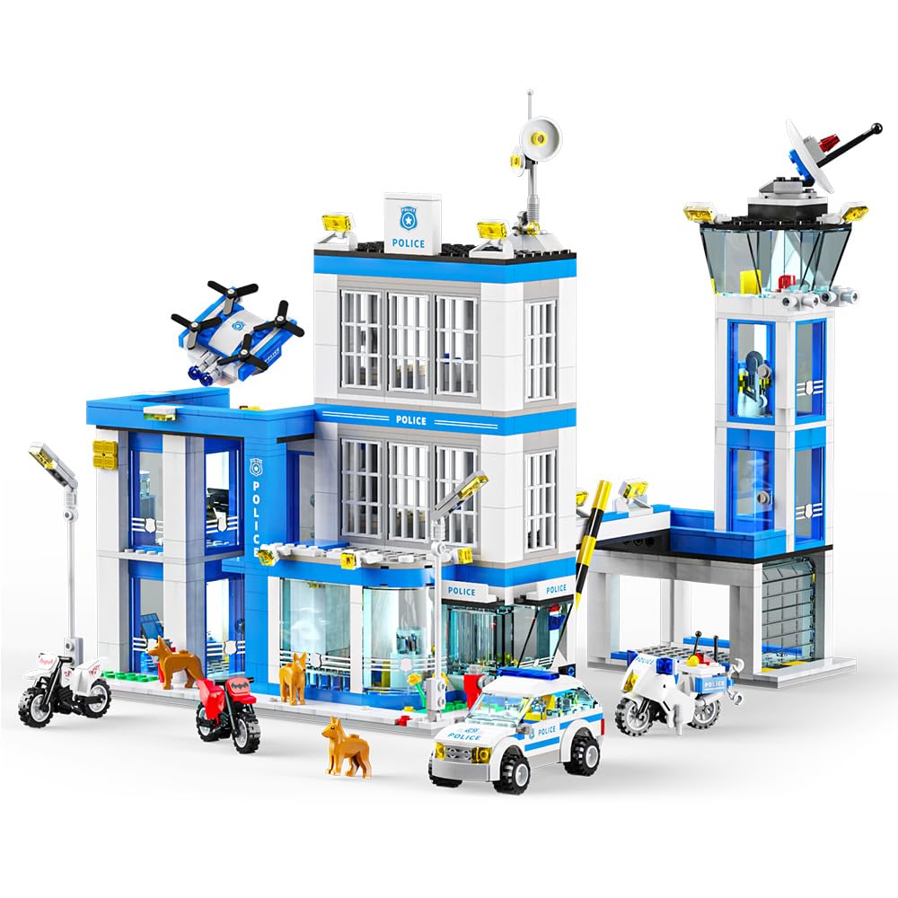 RiceBlock city police station set with durable bricks for imaginative play.