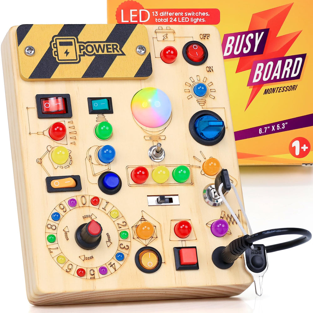 RichBoy Busy Board front view: 37 activities to boost fine motor skills.