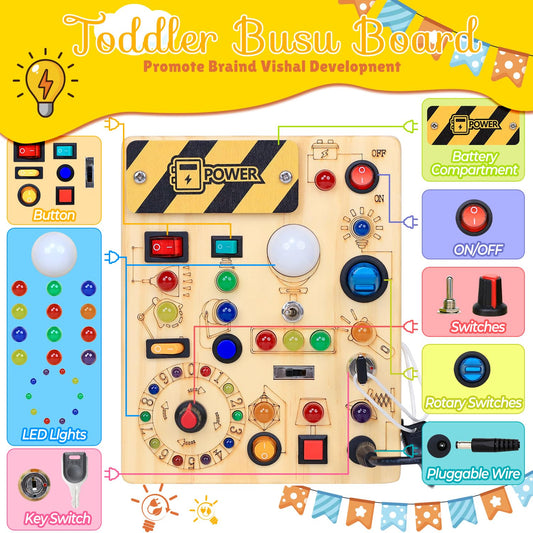 RichBoy Busy Board LED lights close-up: vibrant, engaging cause-and-effect play.