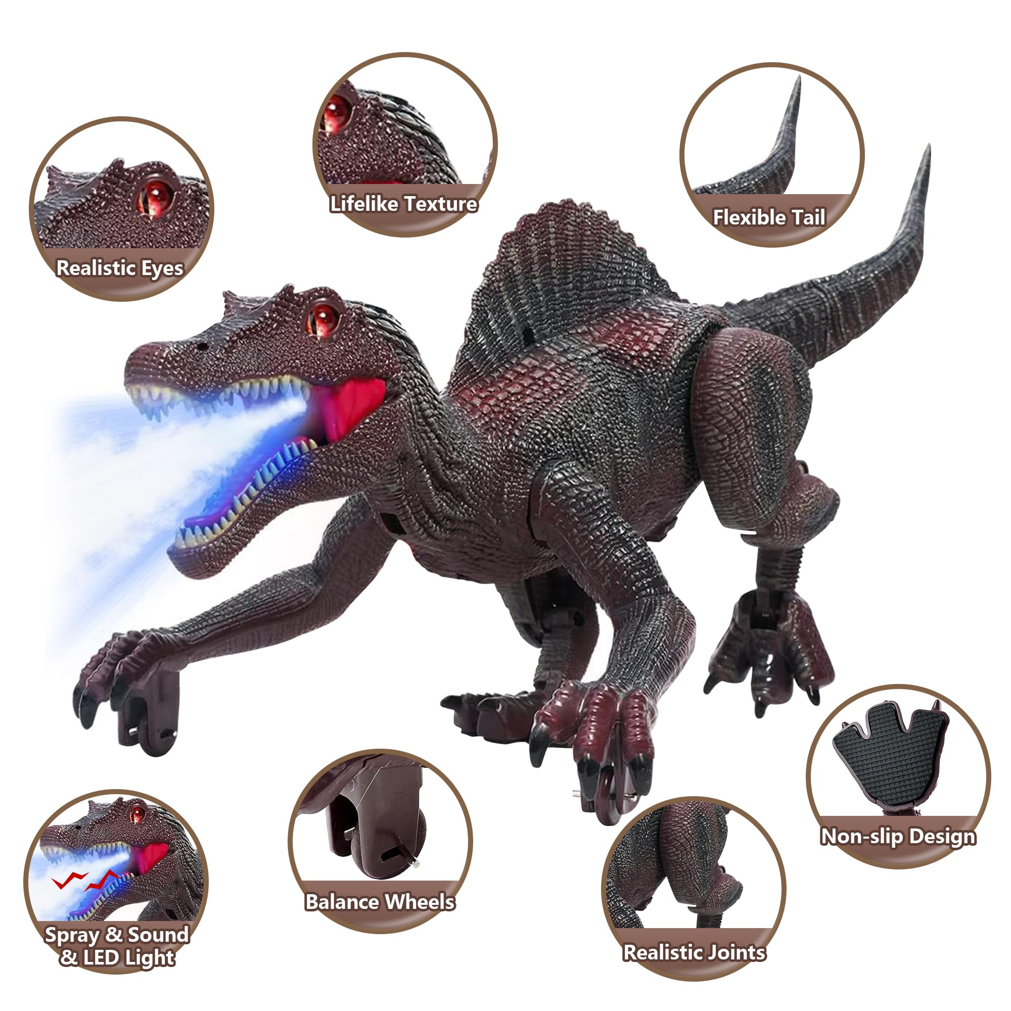 Richgv Spinosaurus sprays mist and roars with blue-lit mouth