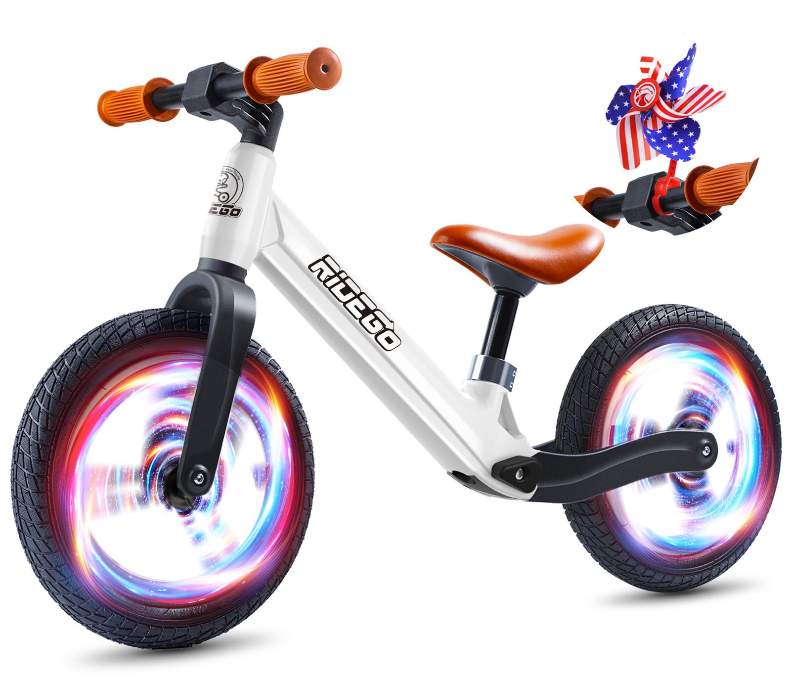 Ridego 12-Inch balance bike front view with glow wheel lights for extra visibility