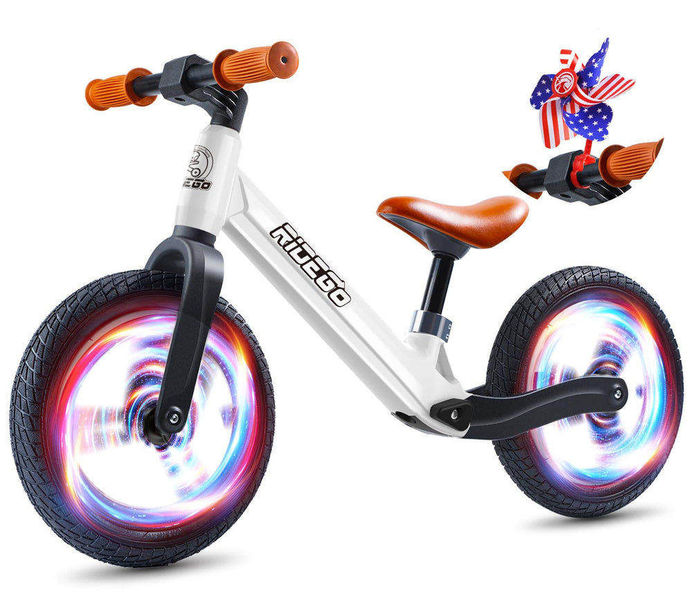 Ridego 12-Inch balance bike front view with glow wheel lights for extra visibility