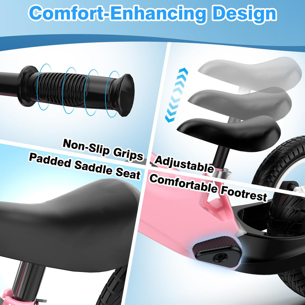 Ridego 12-Inch Balance Bike rest footrest offers comfortable balance practice for beginners.