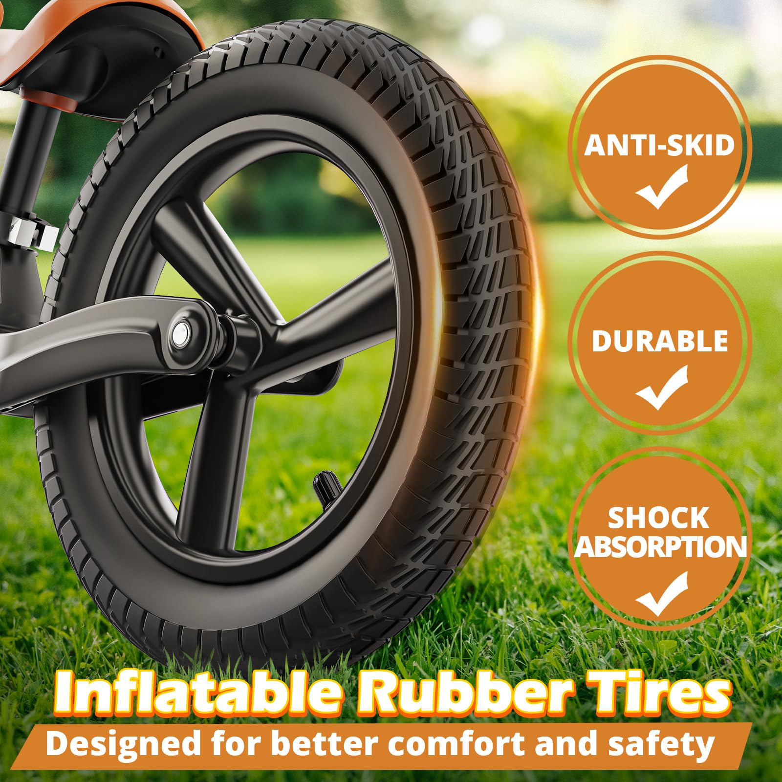 Ridego 14inch balance bike with air rubber tires enhances comfort on any surface.