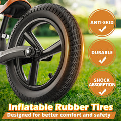 Ridego 14inch balance bike with air rubber tires enhances comfort on any surface.