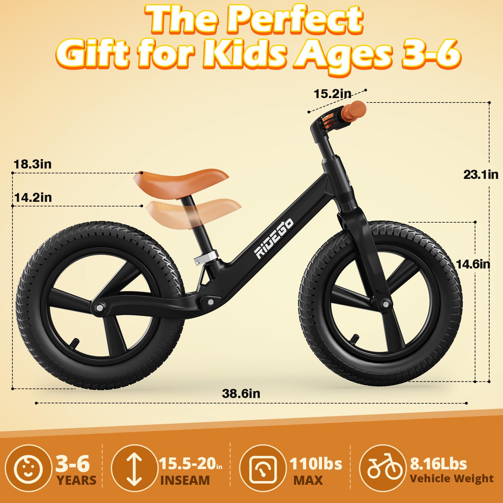 Ridego 14inch balance bike footrest supports stable, relaxed coasting for beginners.