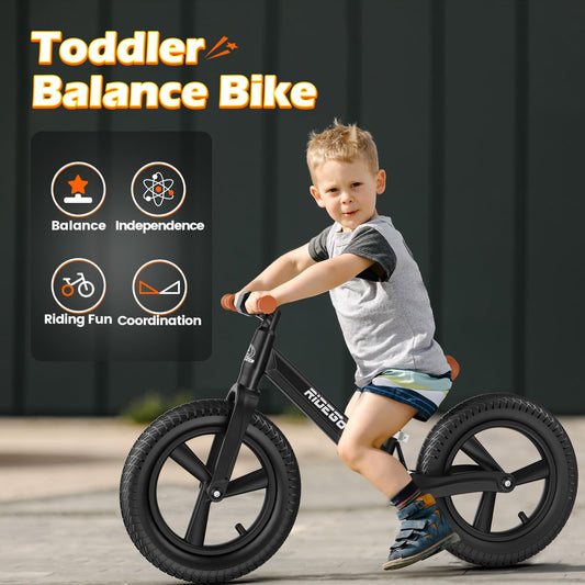 Ridego 14inch balance bike front view highlights sturdy frame for growing kids.