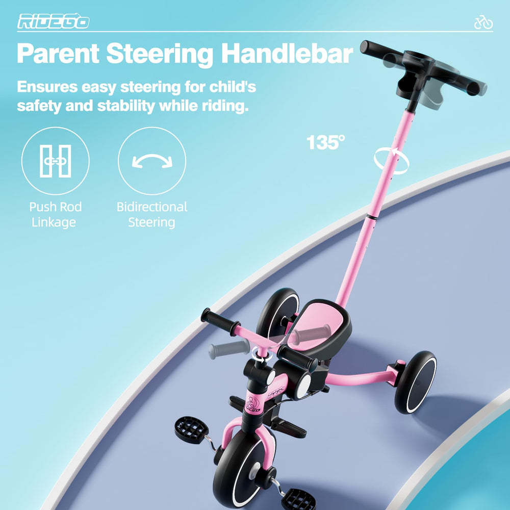 Ridego 5-in-1 pink tricycle folded for compact storage.