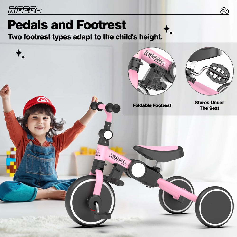 Ridego pink tricycle with detachable pedals and footrests for growing riders.