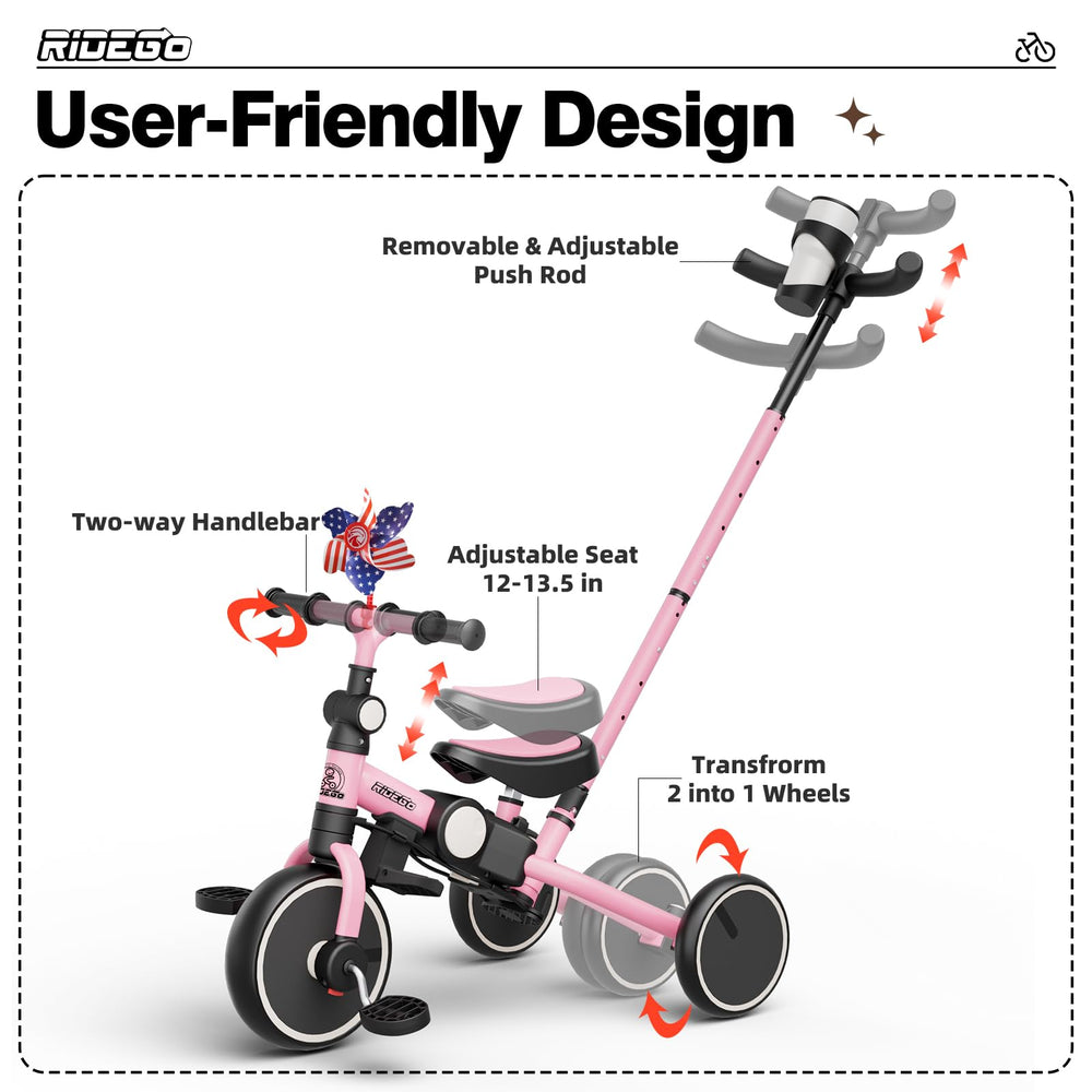 Ridego pink tricycle frame close-up shows sturdy construction.