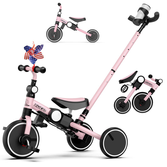 Ridego 5-in-1 pink tricycle, front view, foldable frame for easy storage.