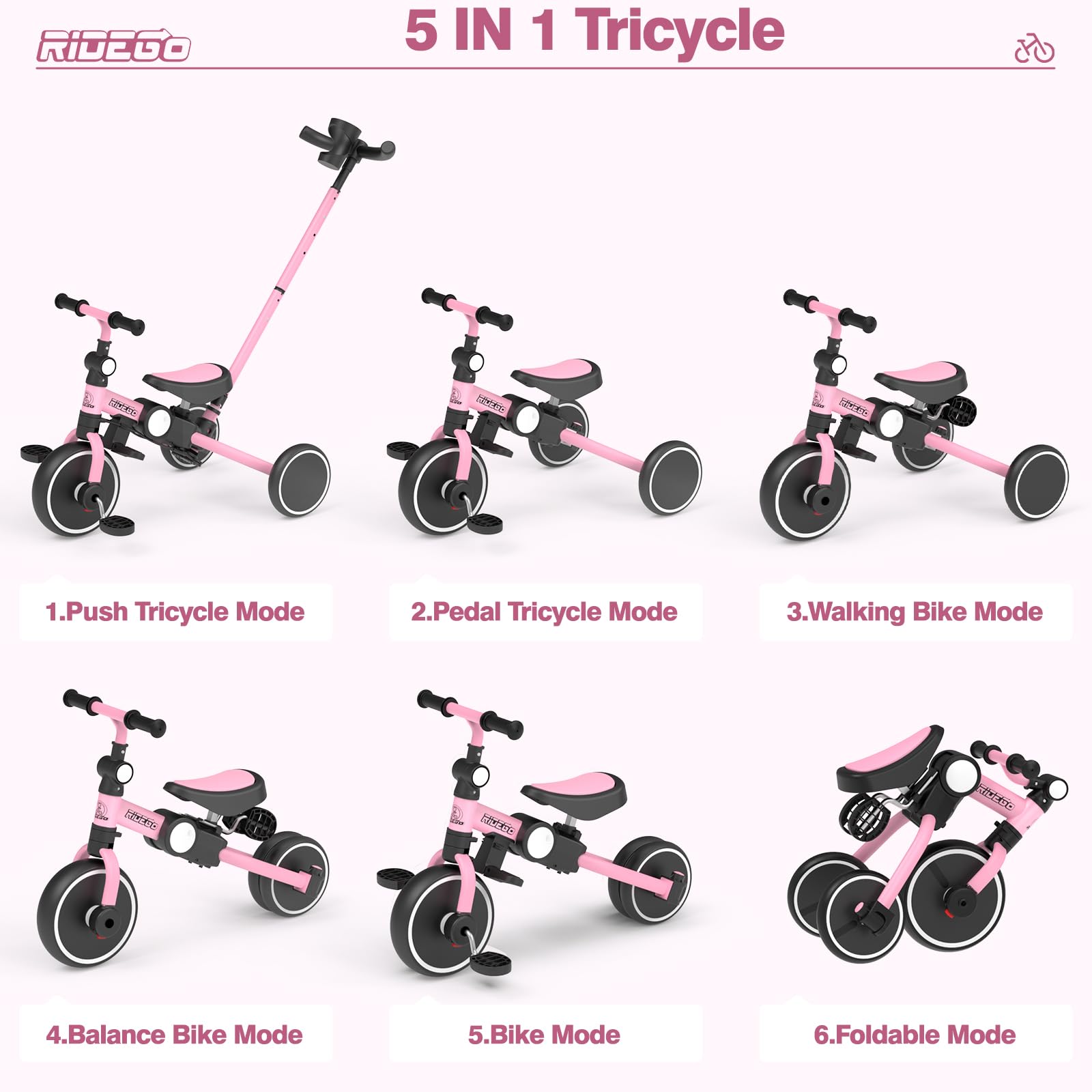 Ridego pink tricycle with push handle side view, ideal for caregiver control.