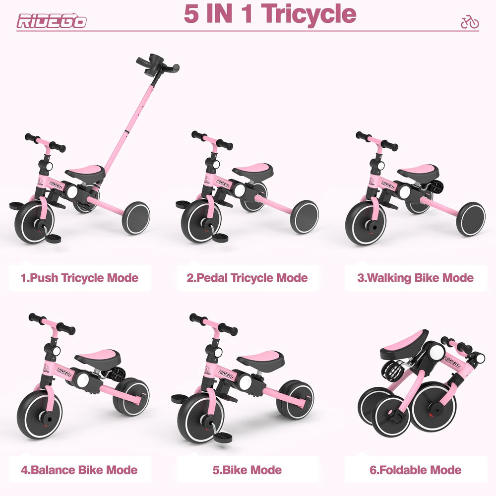 Ridego pink tricycle with push handle side view, ideal for caregiver control.