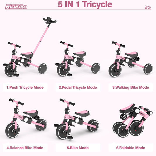 Ridego pink tricycle with push handle side view, ideal for caregiver control.