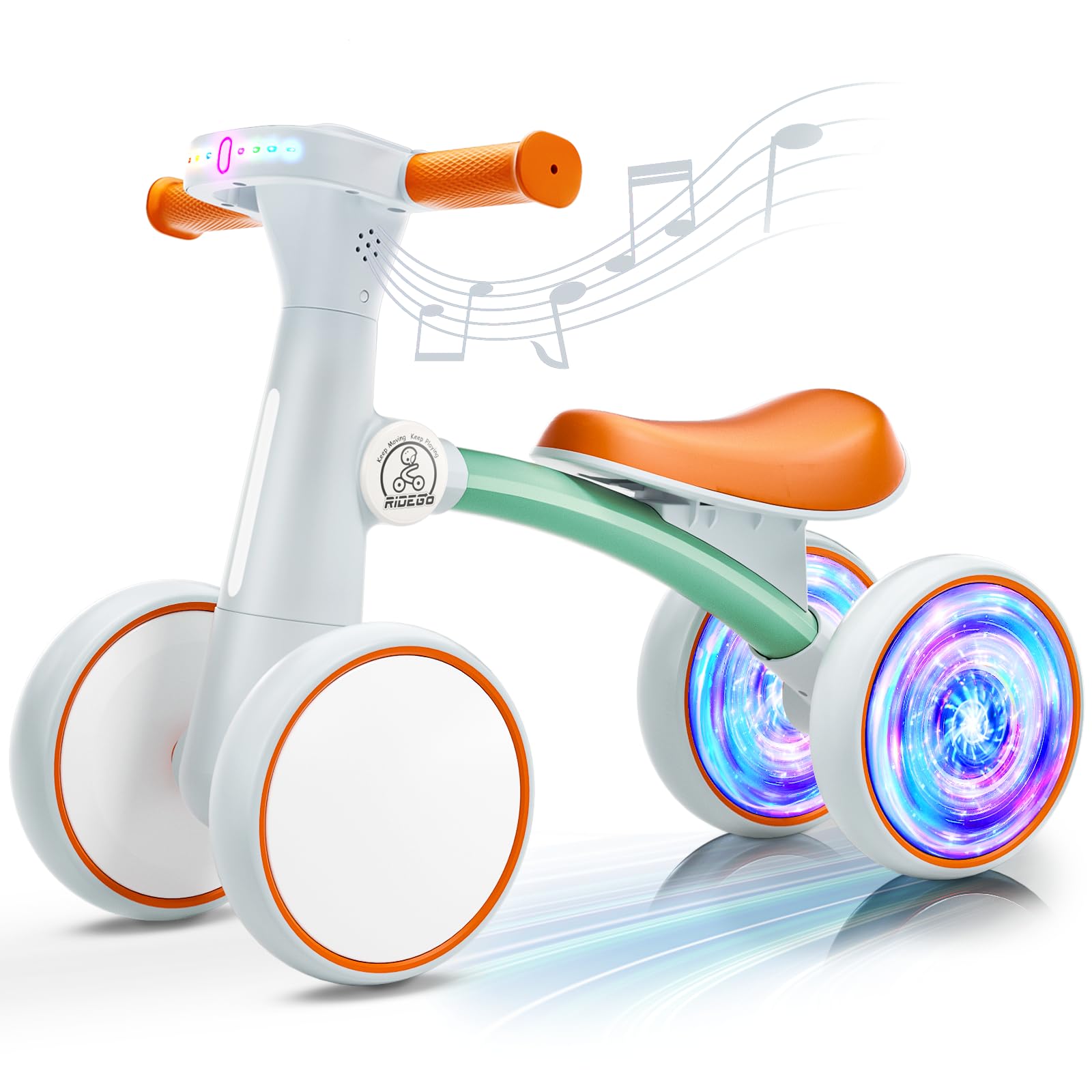 Ridego Colorful Lighting Baby Balance Bike rear wheels glow for visibility and fun.