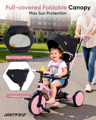 RIDYEE pink tricycle with 3-point harness adapts as child grows