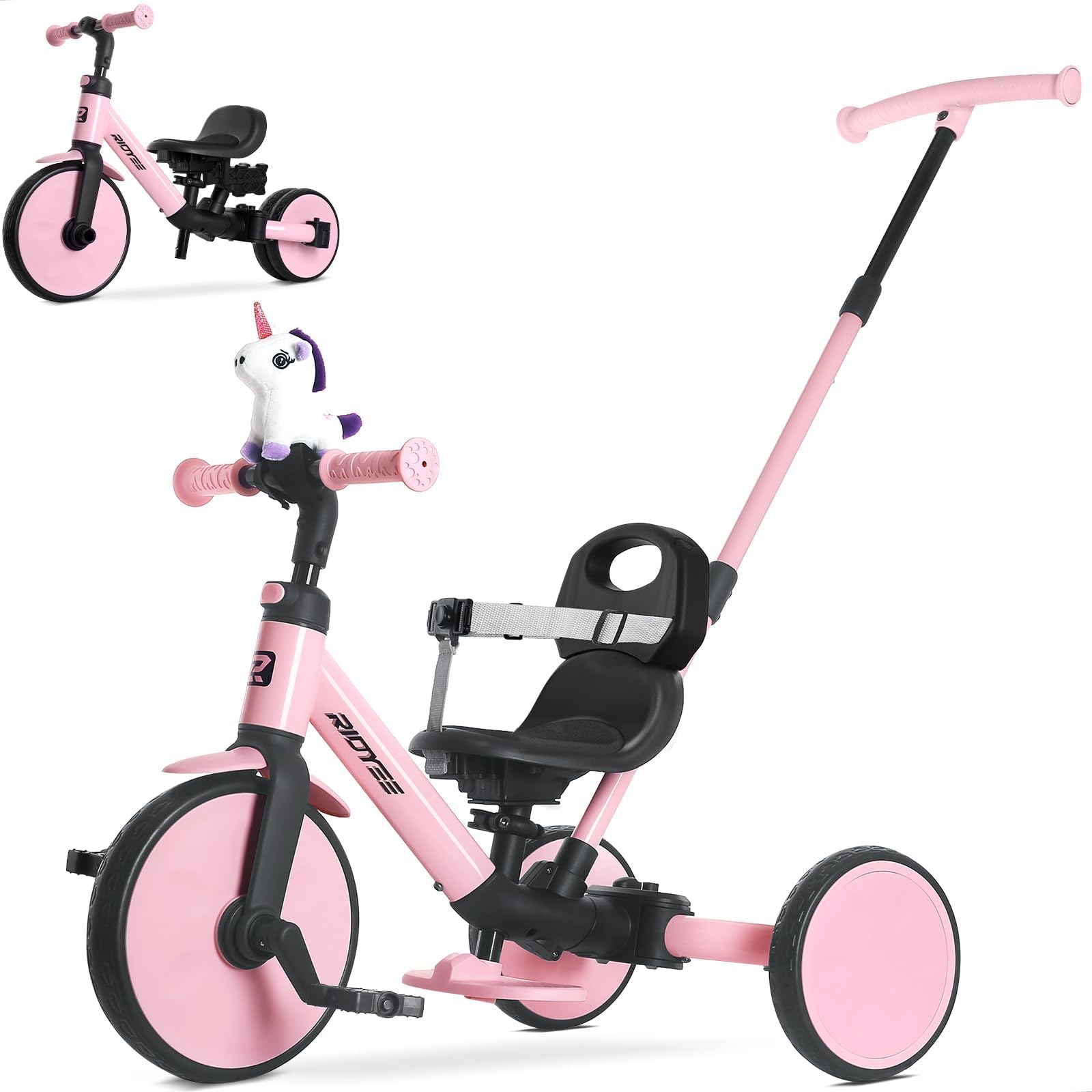 RIDYEE 5-in-1 tricycle with push handle guiding parents for smooth early rides