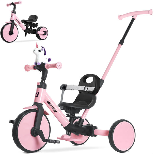 RIDYEE 5-in-1 tricycle with push handle guiding parents for smooth early rides