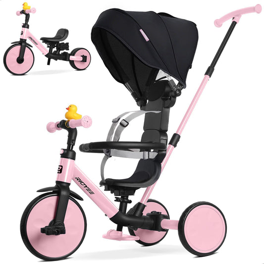 RIDYEE 8-in-1 tricycle pink stage view showing growing rider benefits