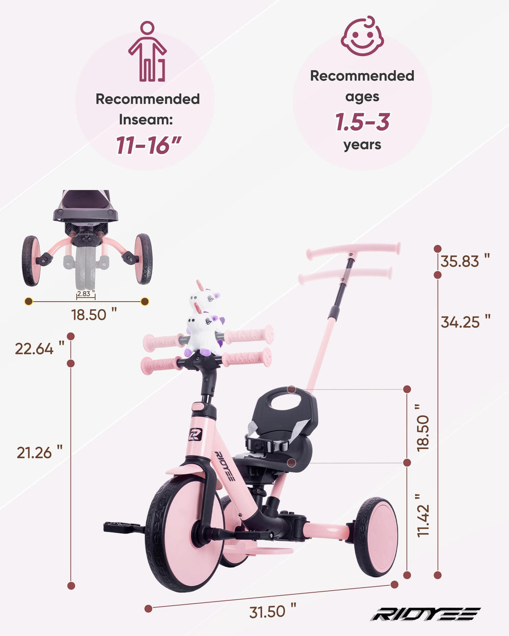 RIDYEE one-click height adjustments ensure a comfy fit as kids grow