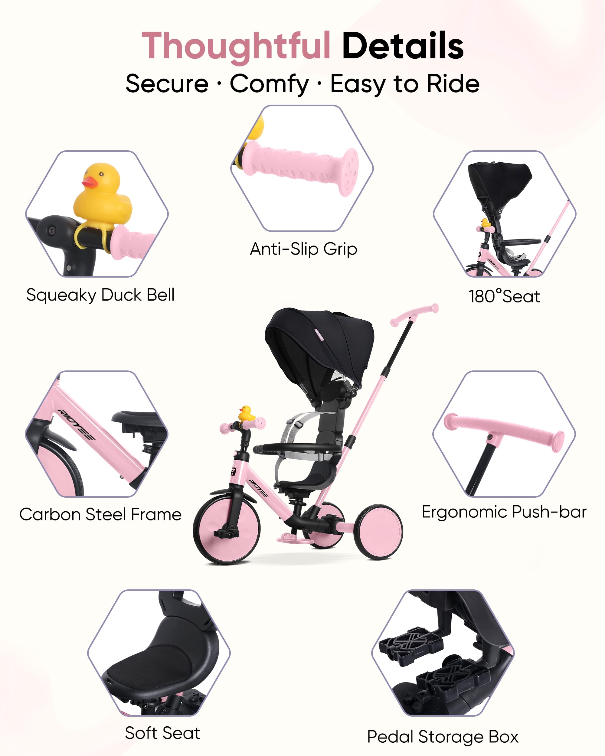 RIDYEE pink tricycle removable pedals convert to footrests for comfort