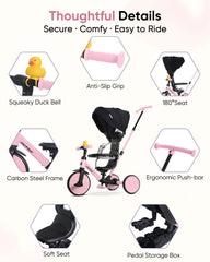 RIDYEE pink tricycle removable pedals convert to footrests for comfort