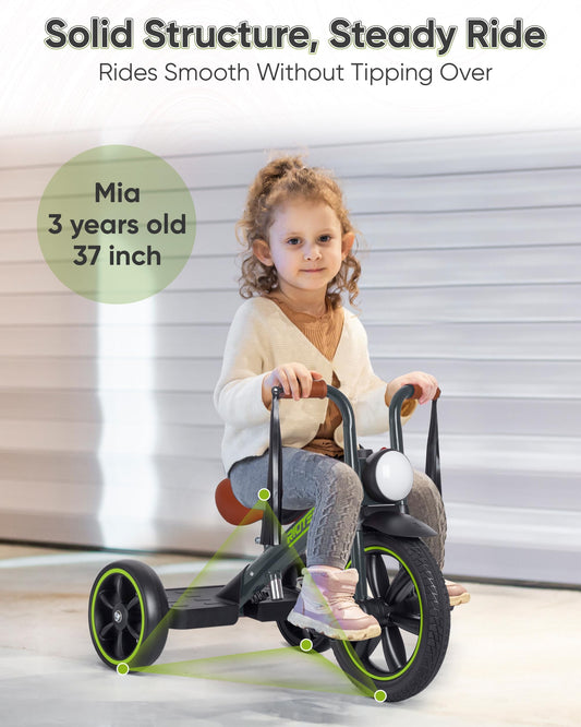 RIDYEE tricycle features a 12-inch rubber front wheel for smooth traction.
