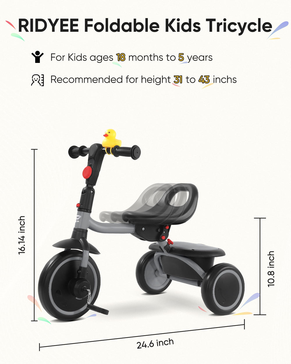 RIDYEE toddler tricycle foldable pedals simplify storage and setup.