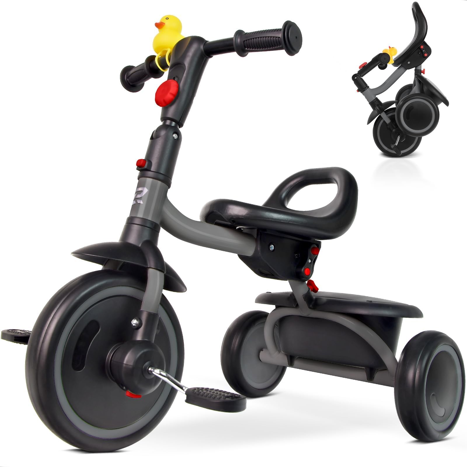 RIDYEE toddler tricycle folded frame for easy transport and storage.