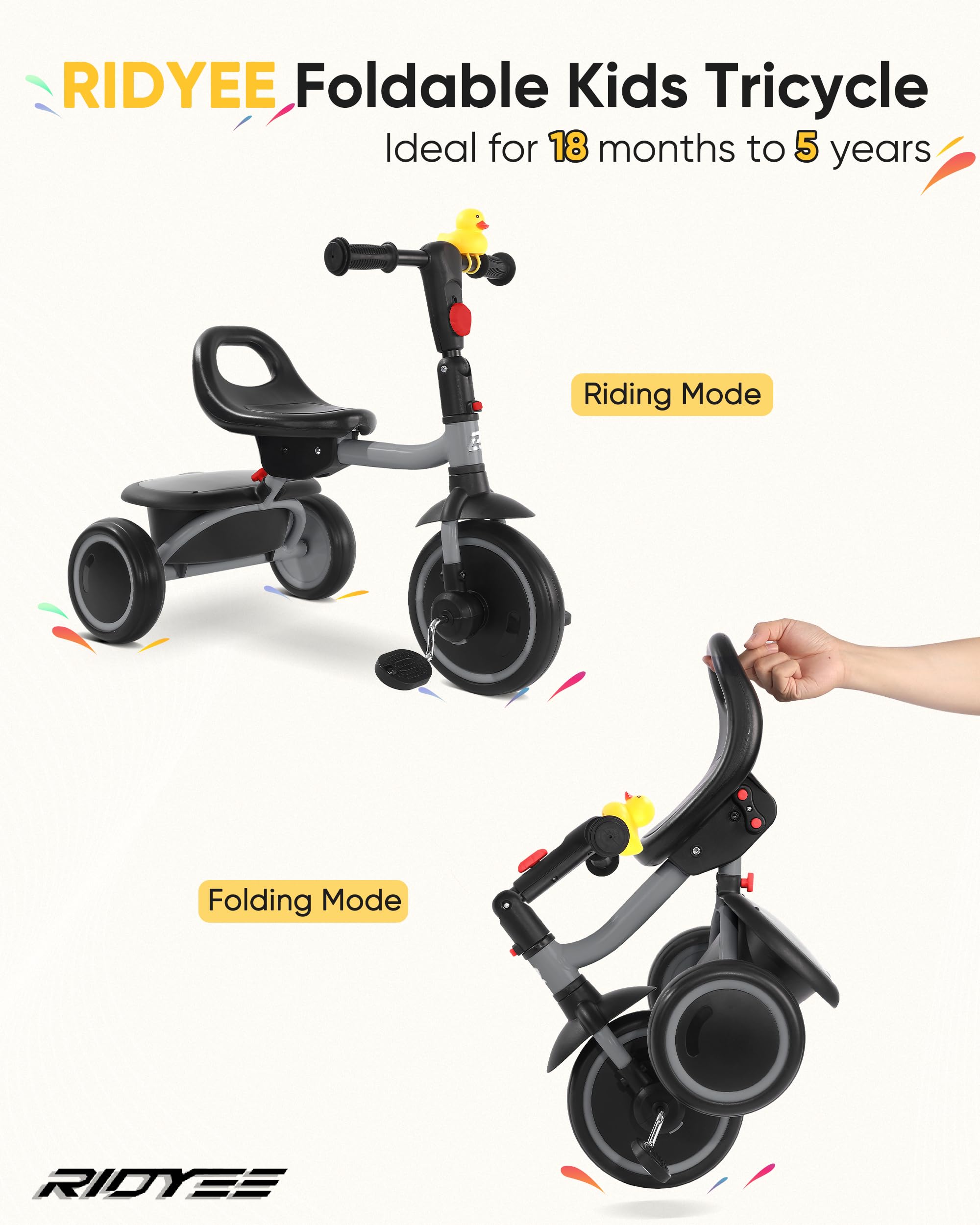 RIDYEE toddler tricycle large basket stores toys and essentials on rides.