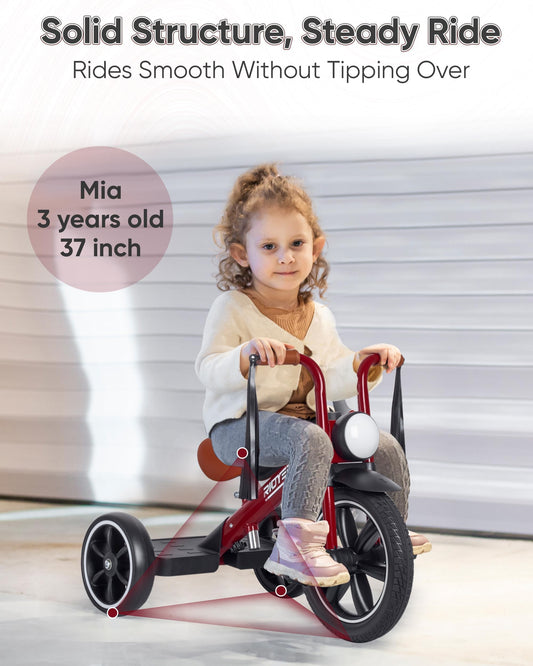RIDYEE tricycle with rubber front wheel provides stable traction on varied surfaces.