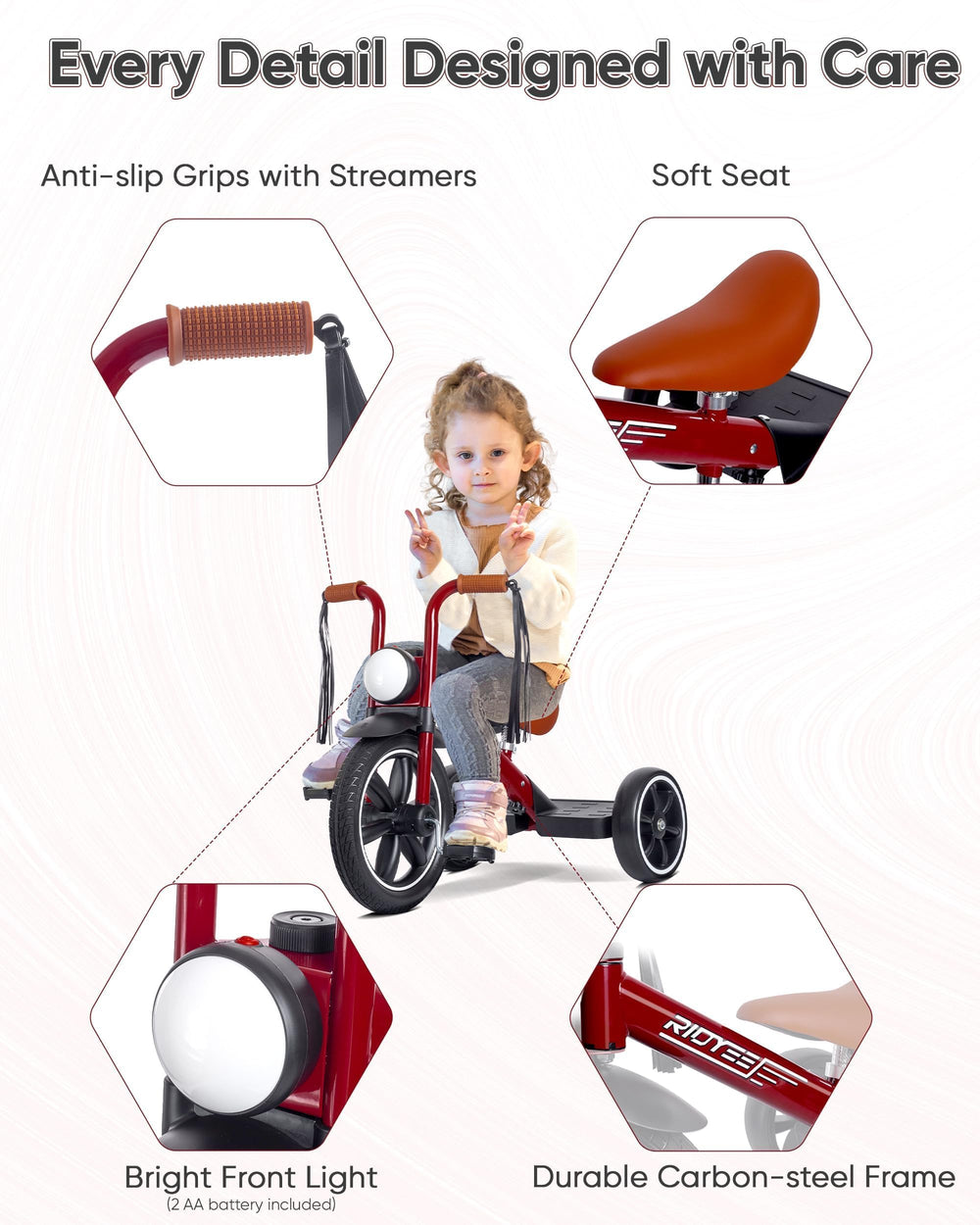 RIDYEE toddler tricycle soft handlebars with streamers add comfortable, playful steering.