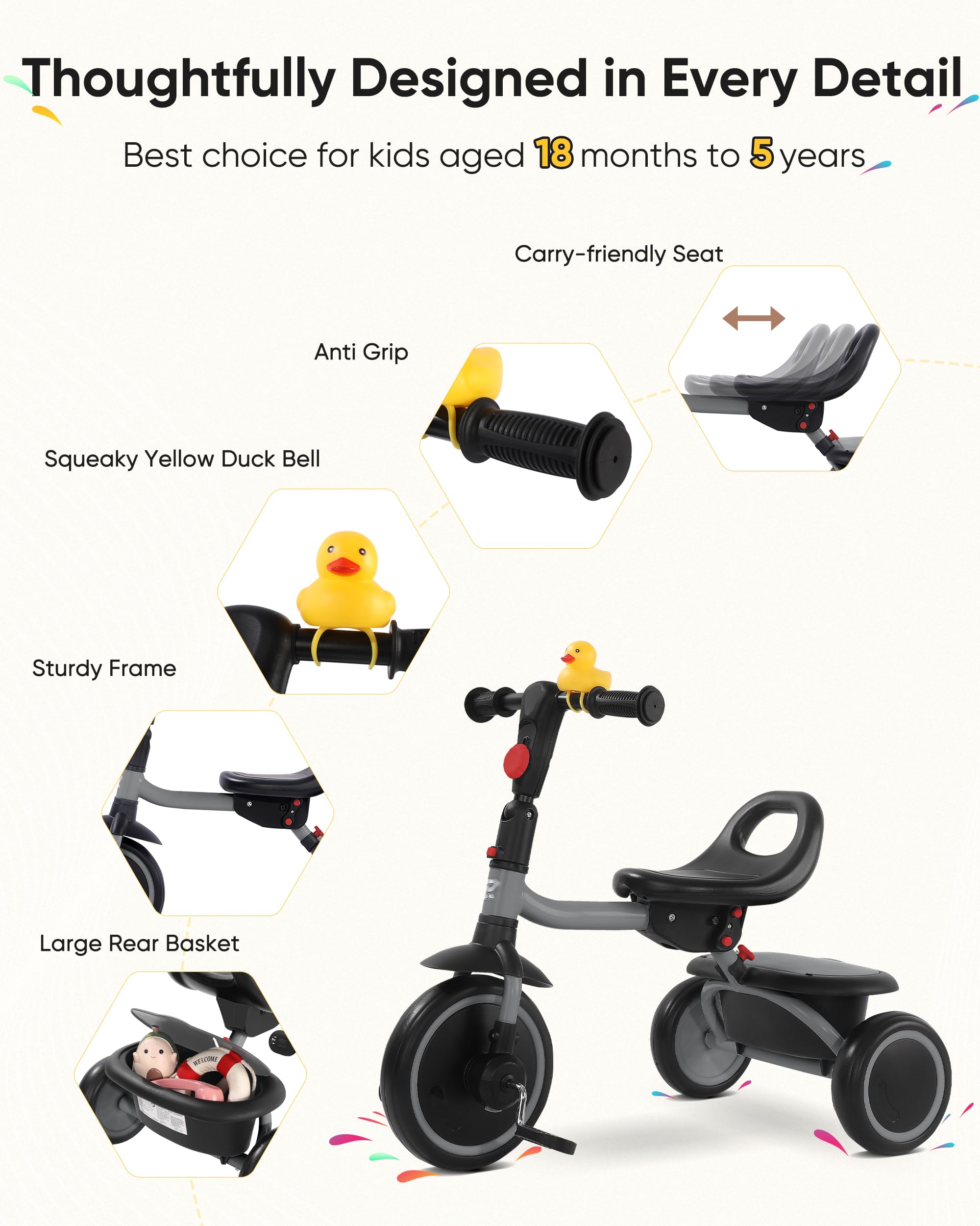 RIDYEE toddler tricycle stable frame enhances balance and safer outdoor play.