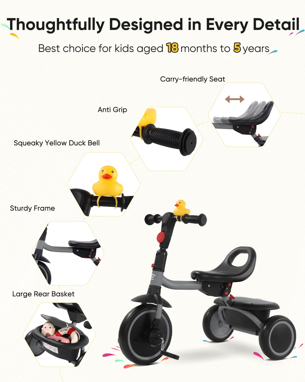 RIDYEE toddler tricycle stable frame enhances balance and safer outdoor play.