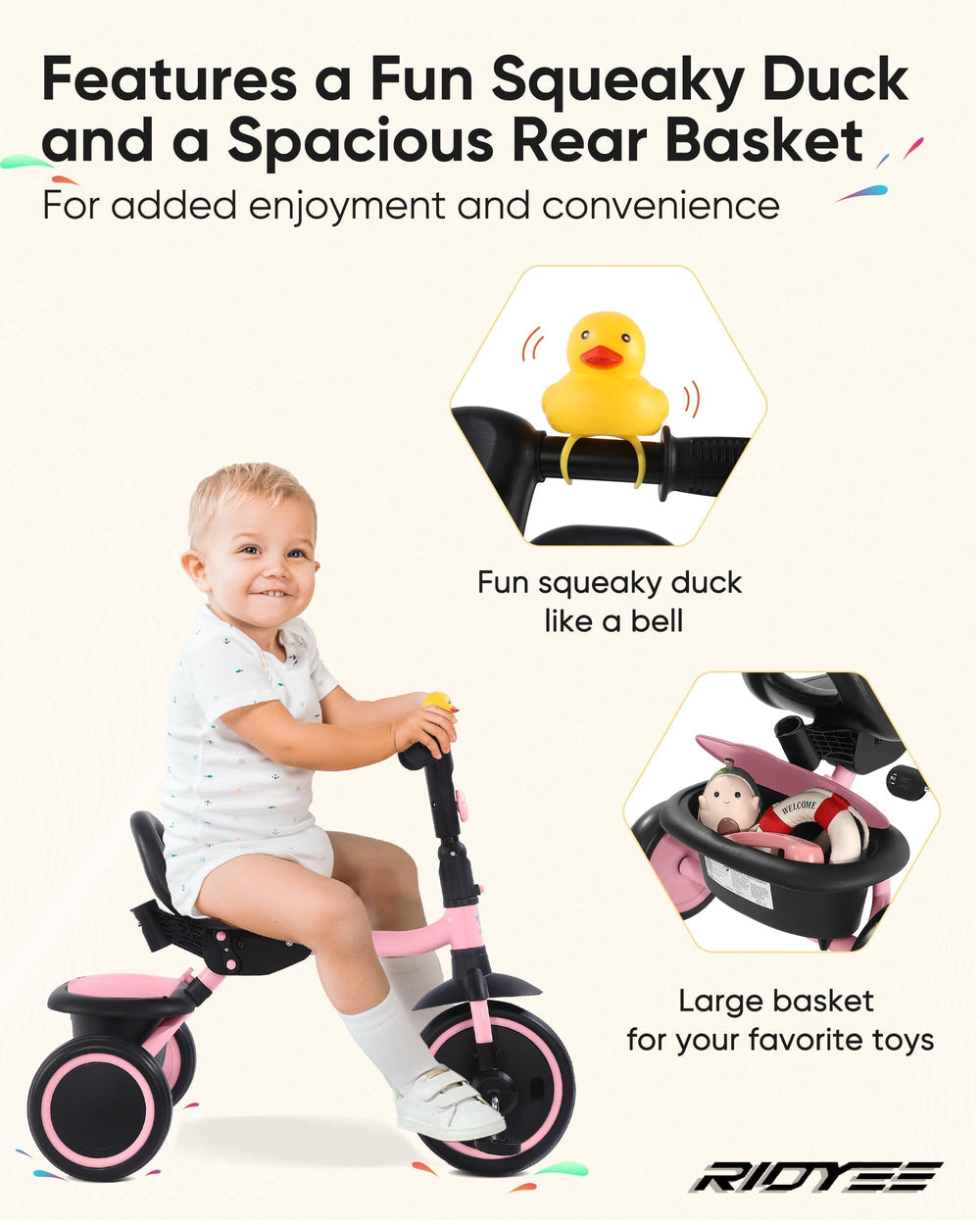 RIDYEE tricycle silent tires provide smooth indoor and outdoor rides